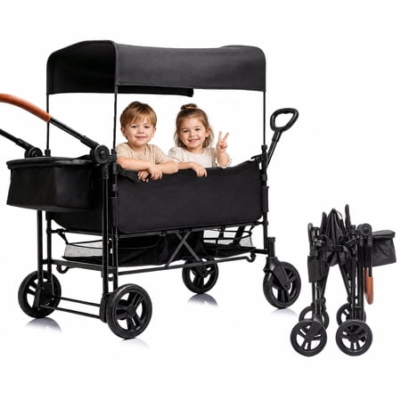 Track Seven Wagon Stroller for 2 Kids, Foldable 2 Seater Wagon with 5-Point Harness, Removable Canopy, Side Zipper Door, All-Terrain PU Wheels, Adjustable Push/Pull Handles & Extra Storage, Black