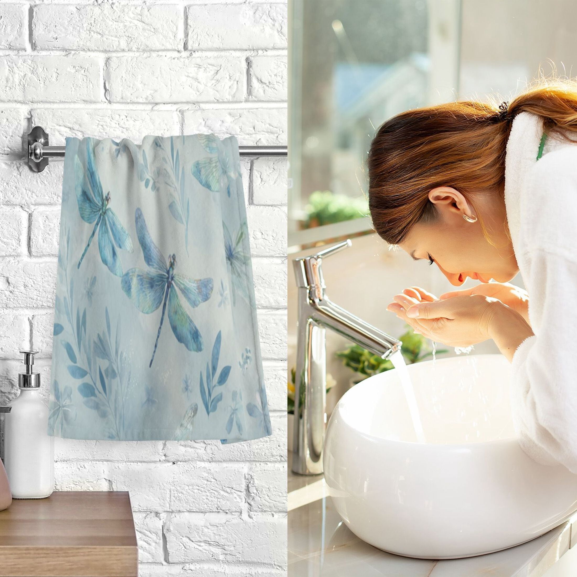 2 Pcs Hand Towels Sets Delicate Dragonflies Pattern Cotton Towel Set Absorbent Face Towel for Bathroom Kitchen Shower Hotel Decor