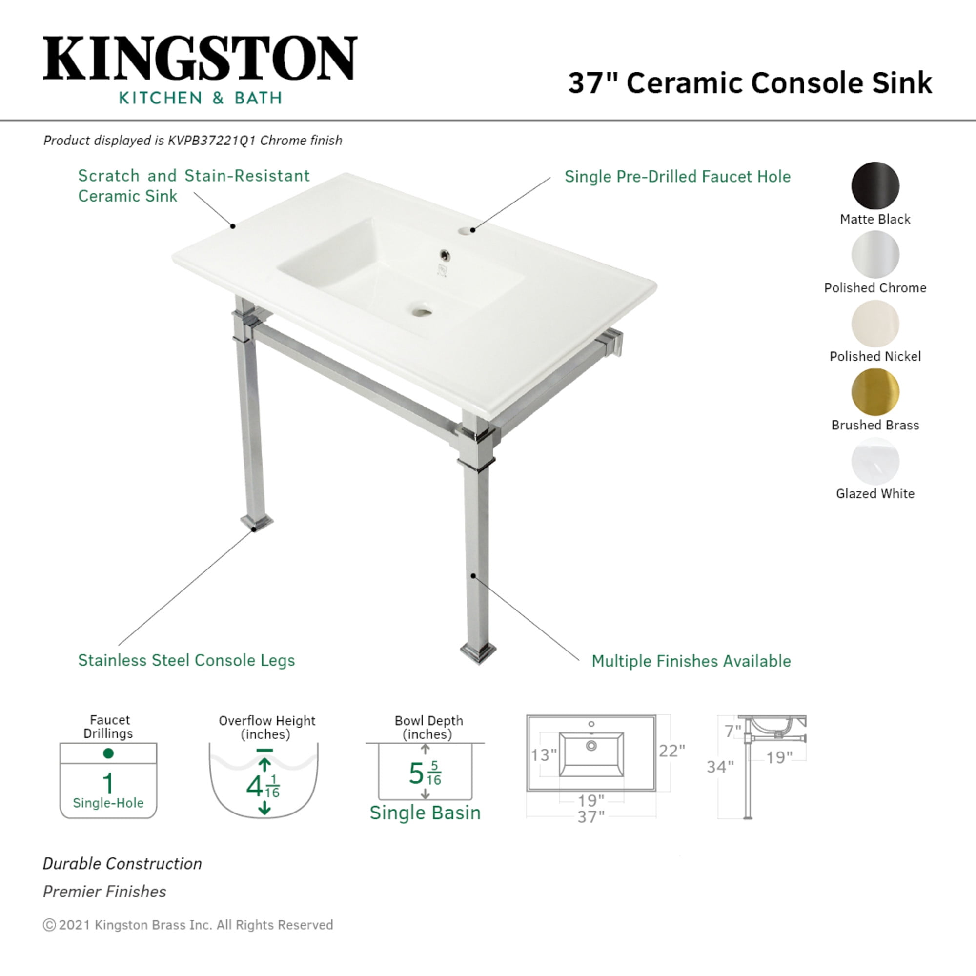 Kingston Brass KVPB37221Q0 Monarch 37" Ceramic Console Sink with Stainless Steel Legs (1-Hole), White/Matte Black