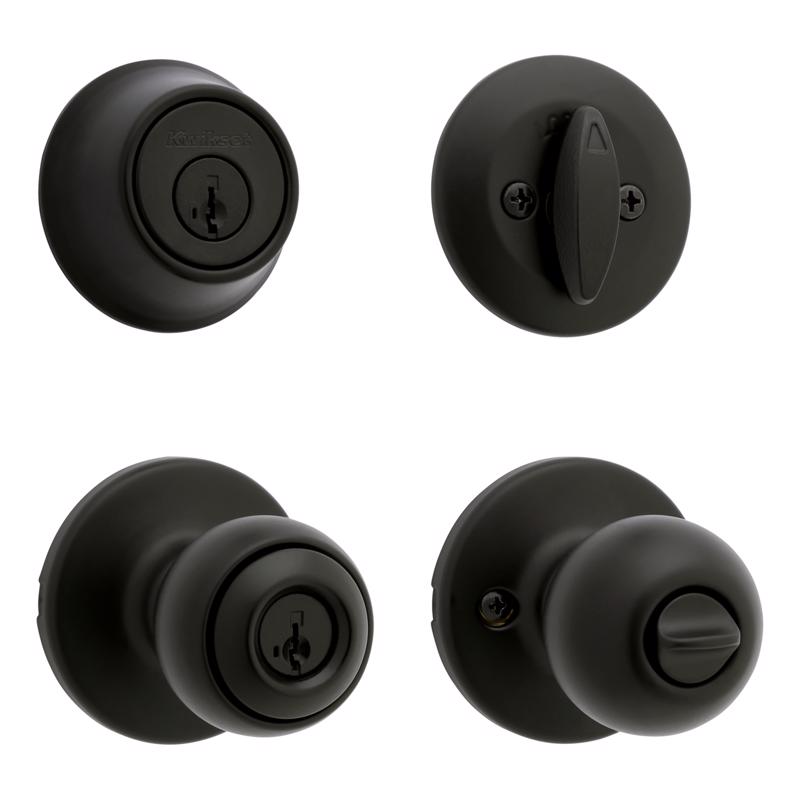 Kwikset Polo Traditional Matte Black Deadbolt and Entry Door Knob 1-3/4 in.