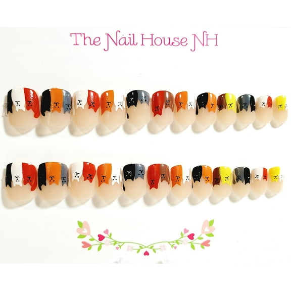 Colorful Cats French Manicure Glossy Extra Short Square Press On Nails - 24 Pieces - Artificial Nail Kit