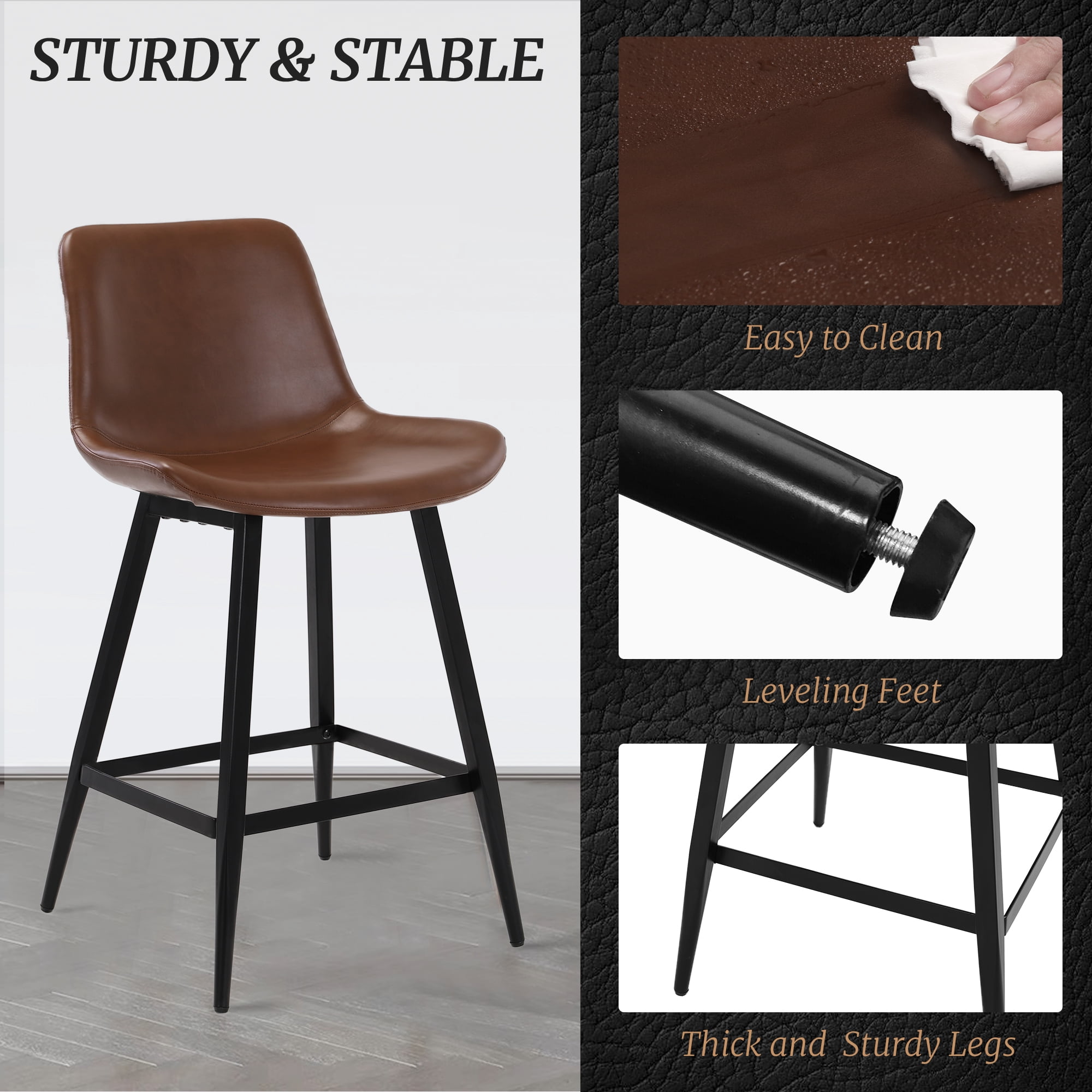 Dycanpo Modern Faux Leather 24 Inch,Counter Height Bar Stools Set of 2,for Home Kitchen, Dark Brown