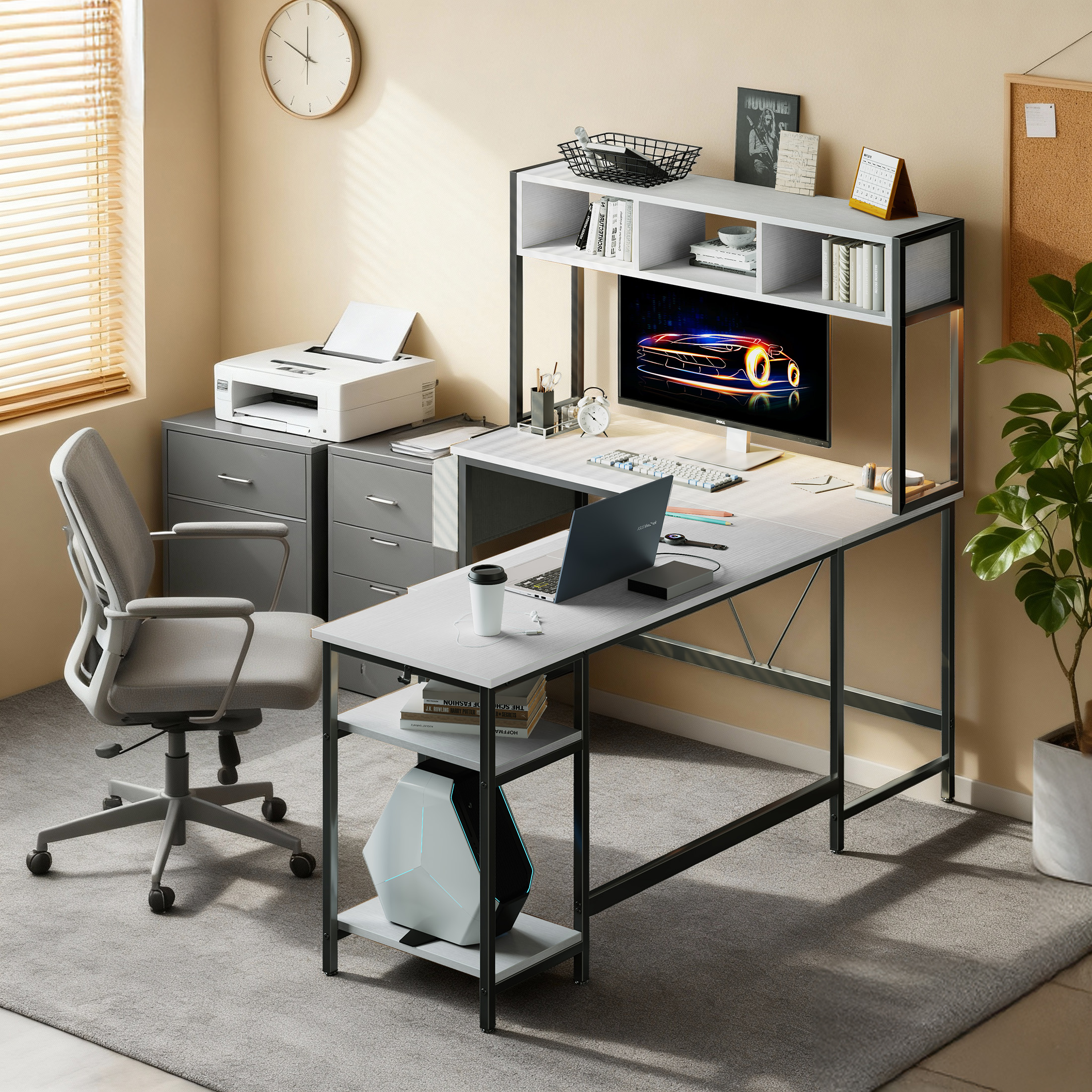 CONCETTA 67" Modern L-Shaped Gaming Desk with LED Lights and Power Outlets, Computer Desk with Drawer, Keyboard Tray for Monitors, Black