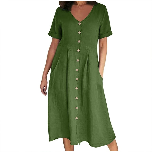 Bigersell Robe en Tulle Offres Femme Col en V Manches Courtes Robe Chemise Midi Style D-83 Robe Midi Grande Taille Robes d'Été, Vert 4TG