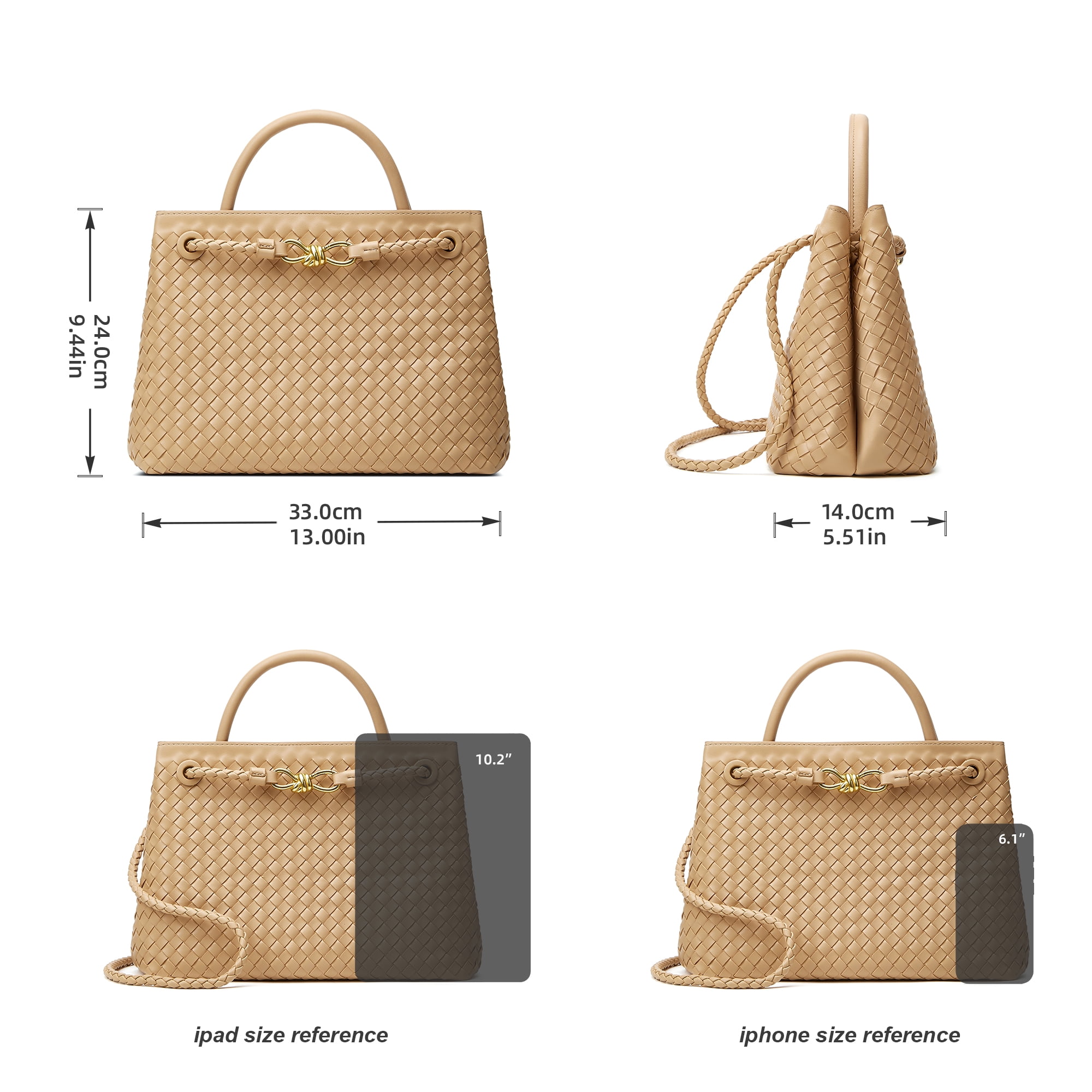 Woven Bag for Women Shoulder Purse: Vegan Leather Handbag - Handmade Tote Bag - Elegant Satchel Bag with Bowknot (Apricot, Large)