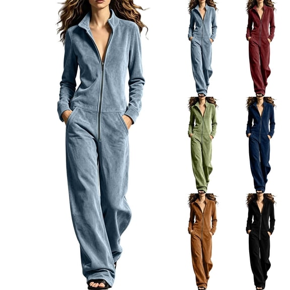 Women's Y2K Retro Velvet Zip Front Jumpsuits Stand Collar Long Sleeve Wide Leg Flowy Pants Romper with Pockets Loungewear Street Outfit Wine