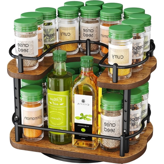 Spice Rack Organizer for Cabinet - Height Adjustable Rotating Lazy Susan, Wooden Spice Organization for Tabletop, Pantry, or Kitchen Counter, Fits Cabinets Over 11" Wide and 10.3" High