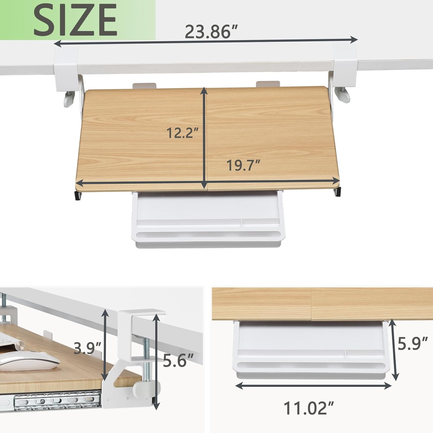 Under Desk Keyboard Tray with Slide Pull Out, C Clamp Mount, Ergonomic Computer Stand for Home Office, White, 19.7" x 12.2" Small Size