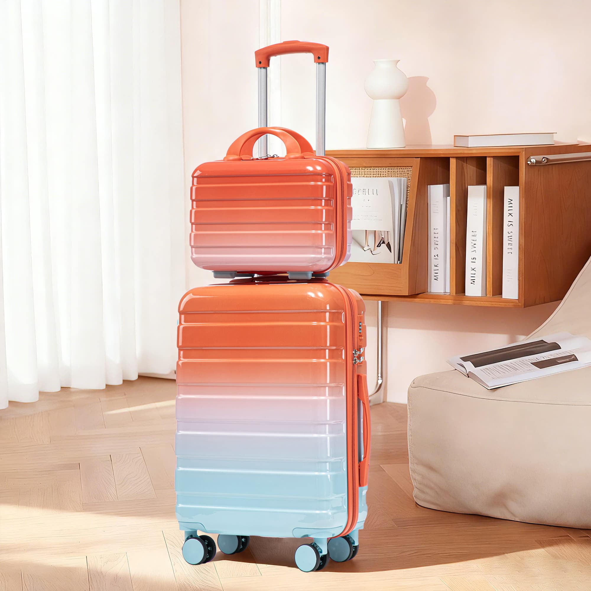 Leumius 2 Piece PC Spinner Wheel Luggage Sets, Hardside Suitcase with Combination Lock, 20 inch Carry On Luggage & 14 inch Cosmetic Case