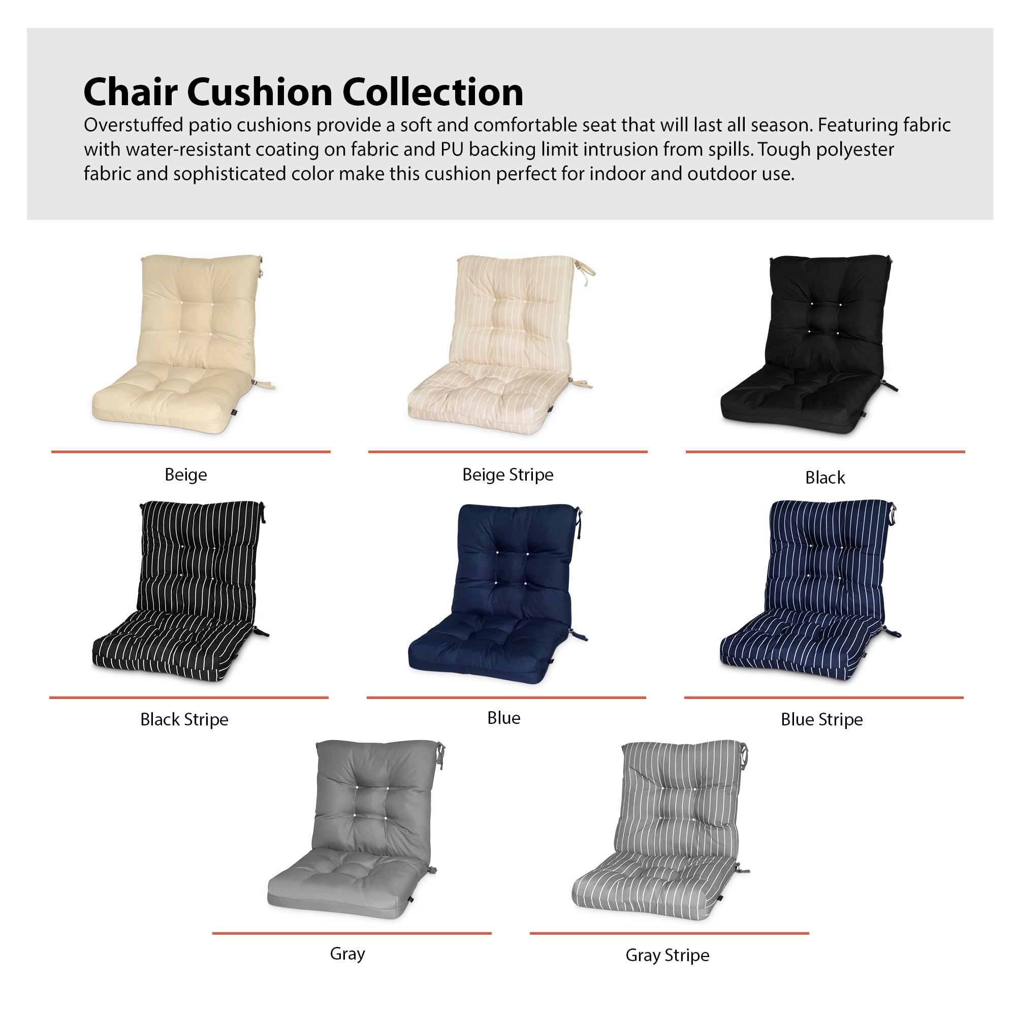 Patio Chair Cushion, Black, Solid, 21”W x 19”D (seat) x 22.5”H (back)