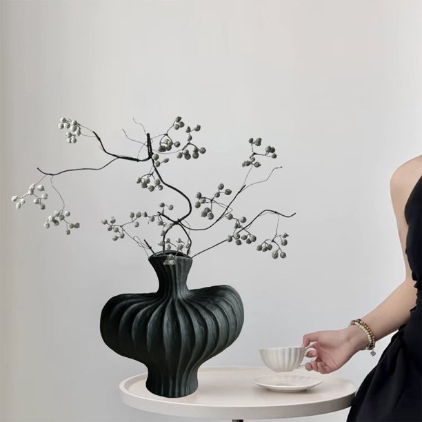 Plastic Glazed Vase | Home Decor Flower Pot - Durable Imitation Ceramic | White Black | Dried Fresh Flower Arrangement | Living Room TV Cabinet Bedroom | 22x20x8cm
