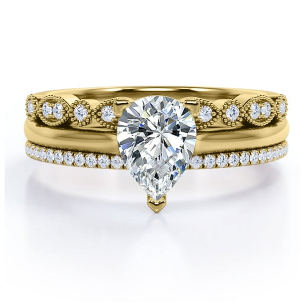 JeenMata Anillo Compromiso Solitario 2 Ct Corte Pera, Engaste 3 Puntas, Filigrana Milgrain Art Déco, Juego Anillos Boda Trío, Baño Oro Amarillo 18 K sobre Plata