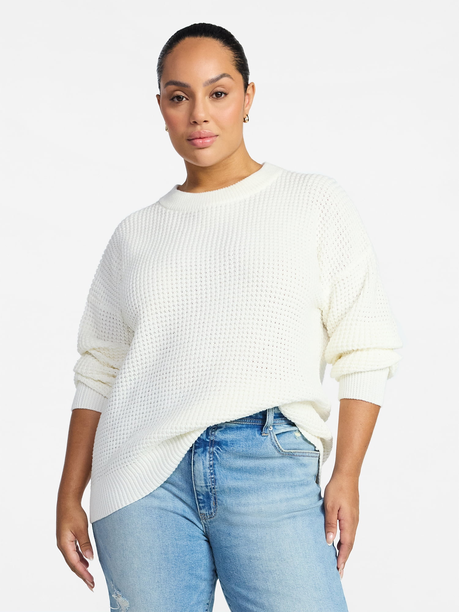 Time and Tru Women's Waffle Stitch Sweater with Long Sleeves, Sizes XS-XXXL