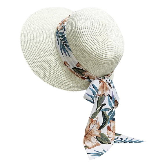 Fgnfyis Foldable Floppy Straw Hat for Women Wide Brim Summer Beach Hat with Bow Upf 50 Lightweight Sun Hats for Women White