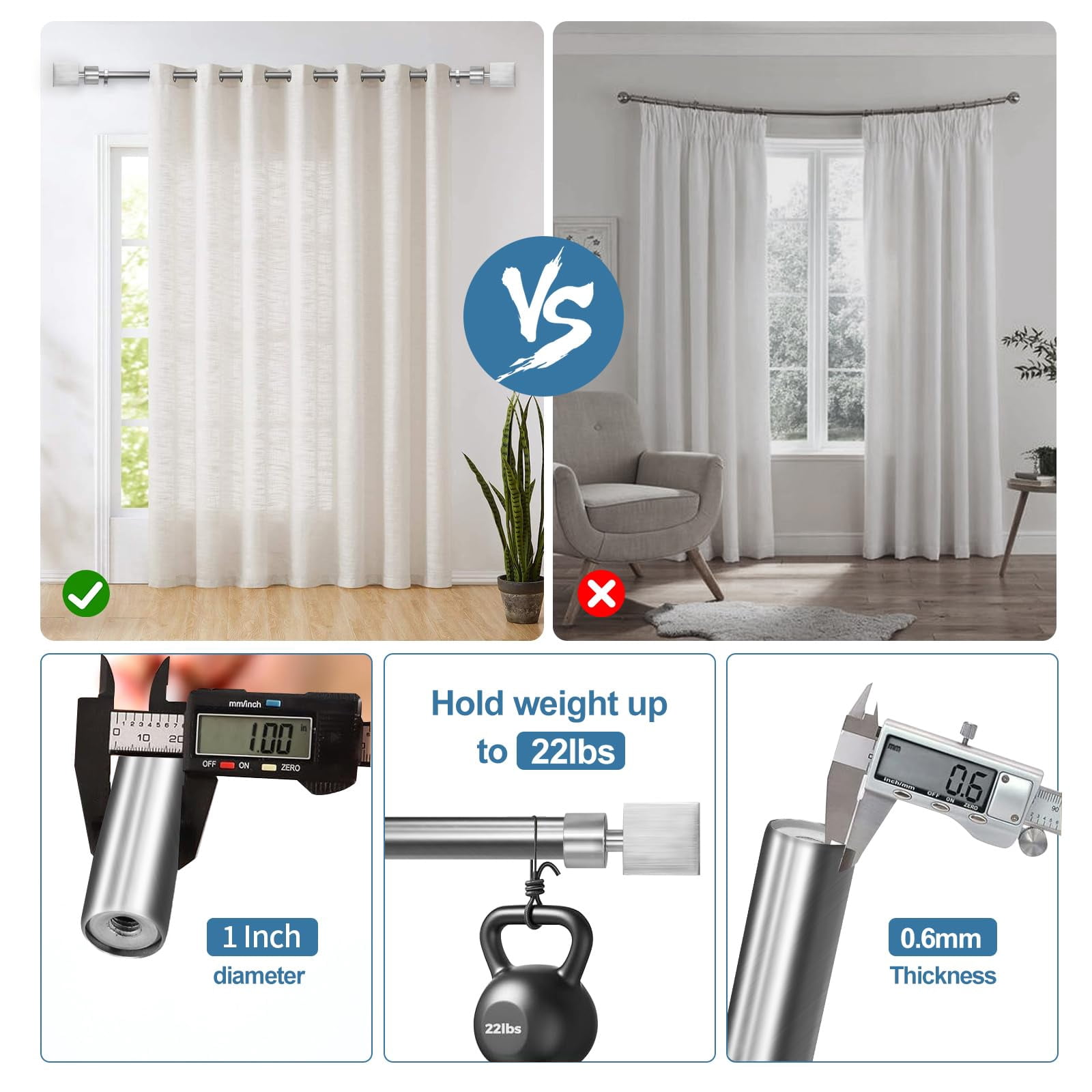 Urbanest 1" Wright Adjustable Curtain Rod, 28"-48", Brushed Steel