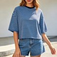thumbnail image 2 of Womens Striped Short Sleeve T Shirt Loose Fit Crew Neck Casual Summer Basic Tee Tops Everyday Wear Tee Blue M, 2 of 5