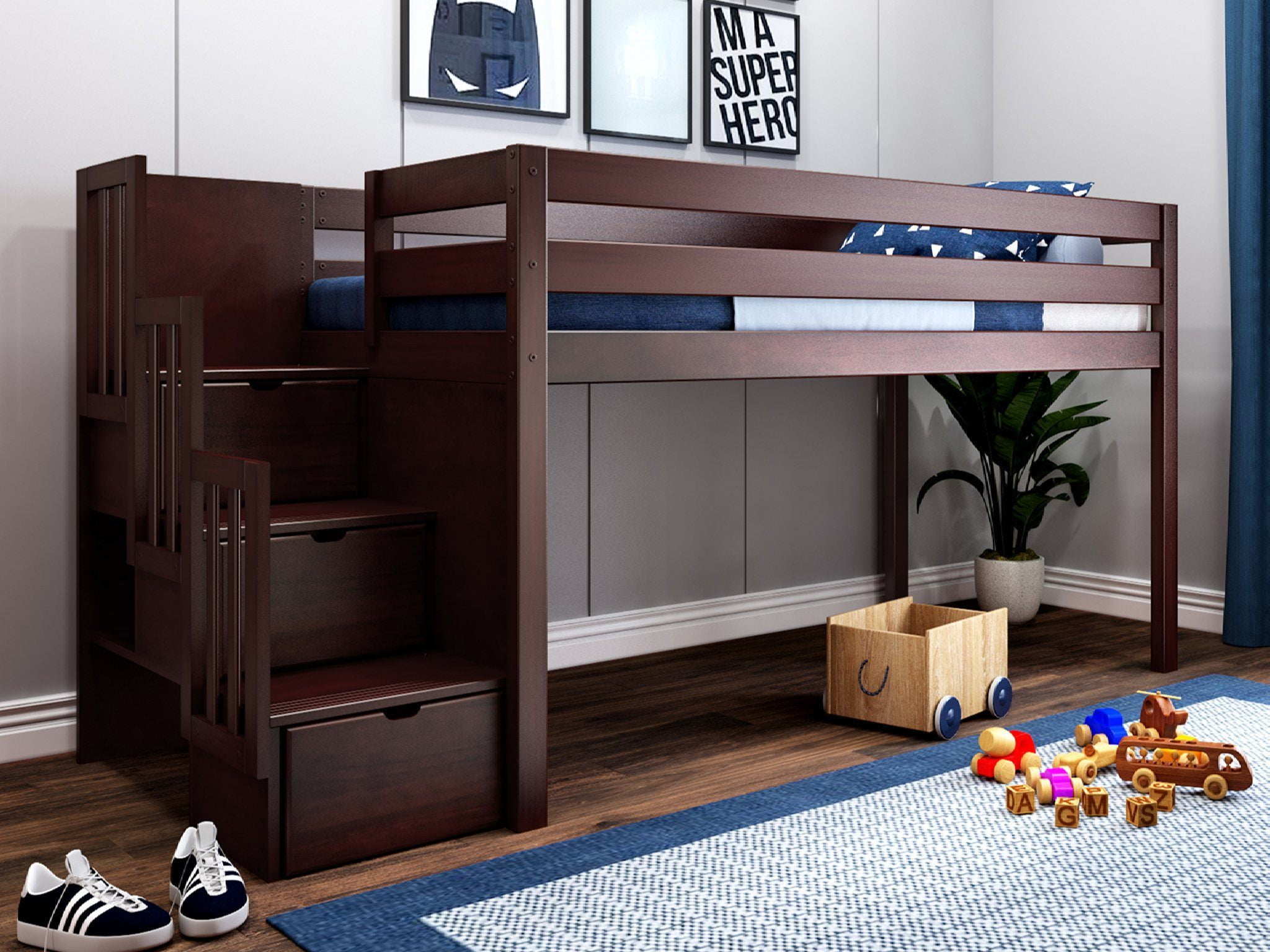 JACKPOT Contemporary Twin Low Loft Bed with Stairway, Cherry