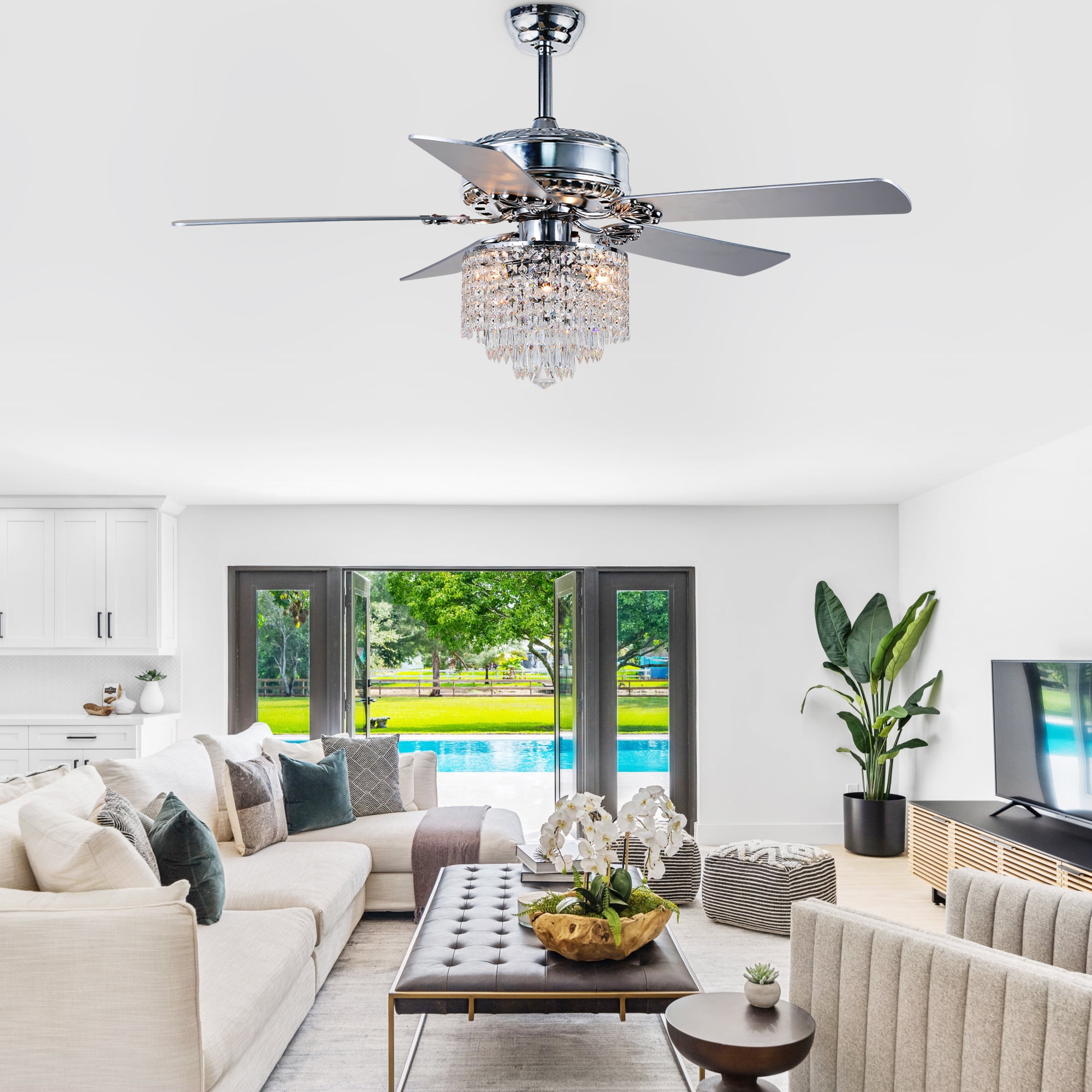 52" Modern Silver Crystal Ceiling Fan with Light and Remote Control, 6-Speed Reversible DC Motor