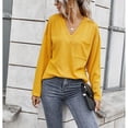 thumbnail image 2 of Blusa de mujer de manga larga de color puro con cuello en V y bolsillo para invierno otoño, 2 of 8