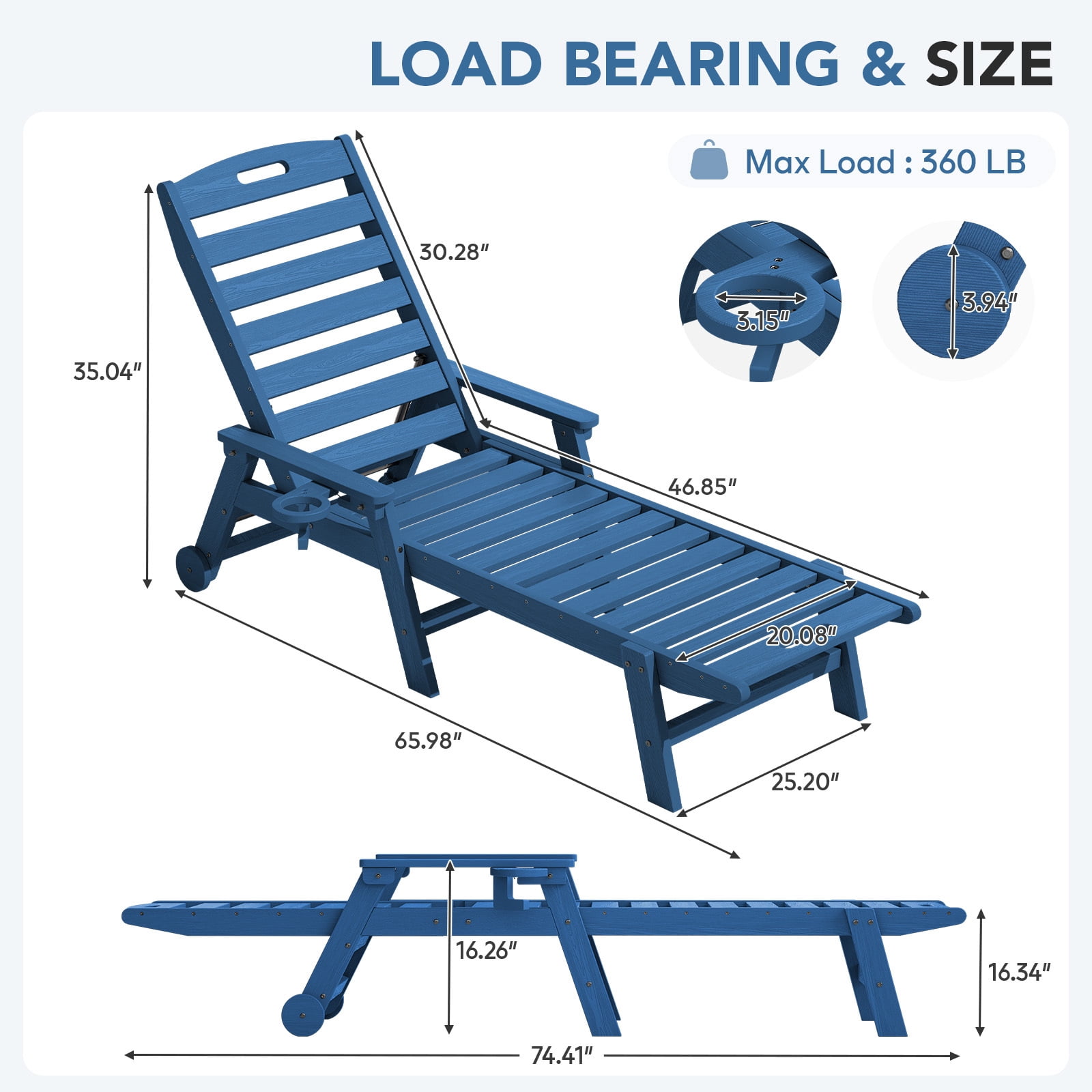 LOYALICE Adjustable Wheeled HDPE Plastic Outdoor Patio Lounge Chair W/ Cup Holder,78.3"x25.1"x16.3", Navy Blue