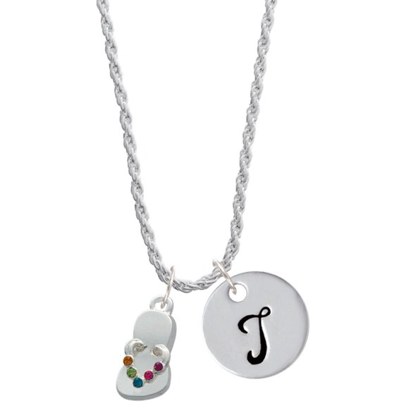 Delight Jewelry Silvertone Multicolored Crystal Flip Flop Silvertone Script Initial Disc - T - Charm Necklace, 20"+3"