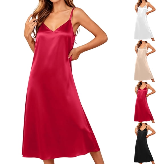 Fengqque Satin Nightgowns for Women Lace Sleepwear V-neck Silk Slip Sleepshirts Negligee Solid Color Nightwear White XL