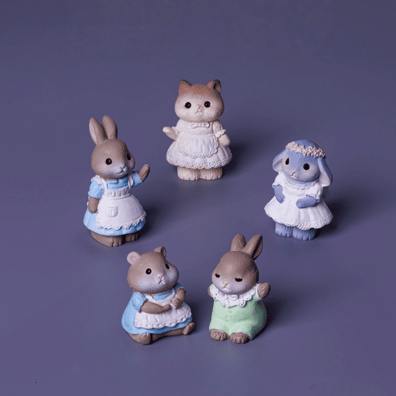 Mini Animal Figurine Set, Hand-Painted Resin Bunny & Cat Easter Gift Home Decor