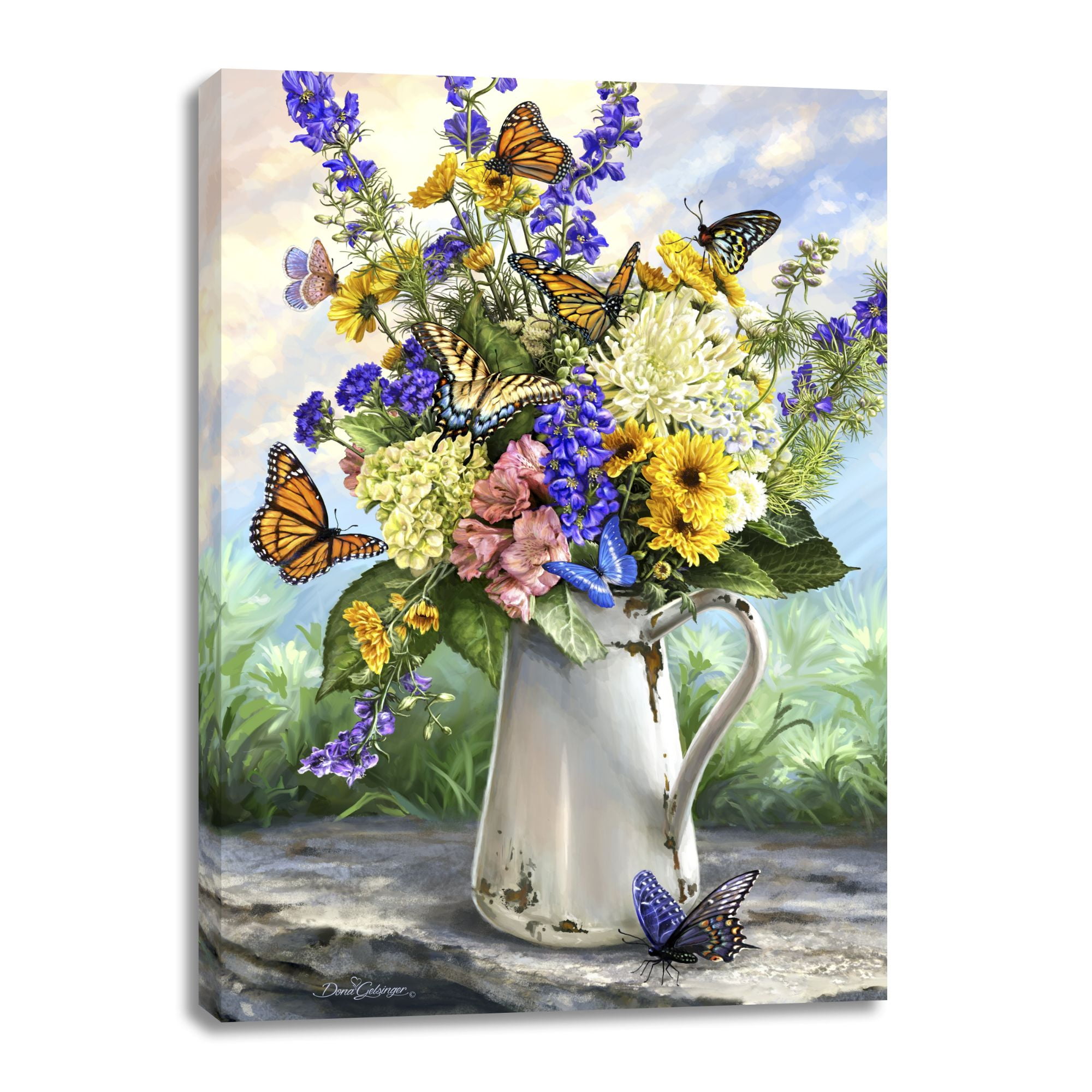 Glow Decor Blue and Yellow Butterfly Blossoms Rectangular Canvas Wall Art Decor 14" x 10
