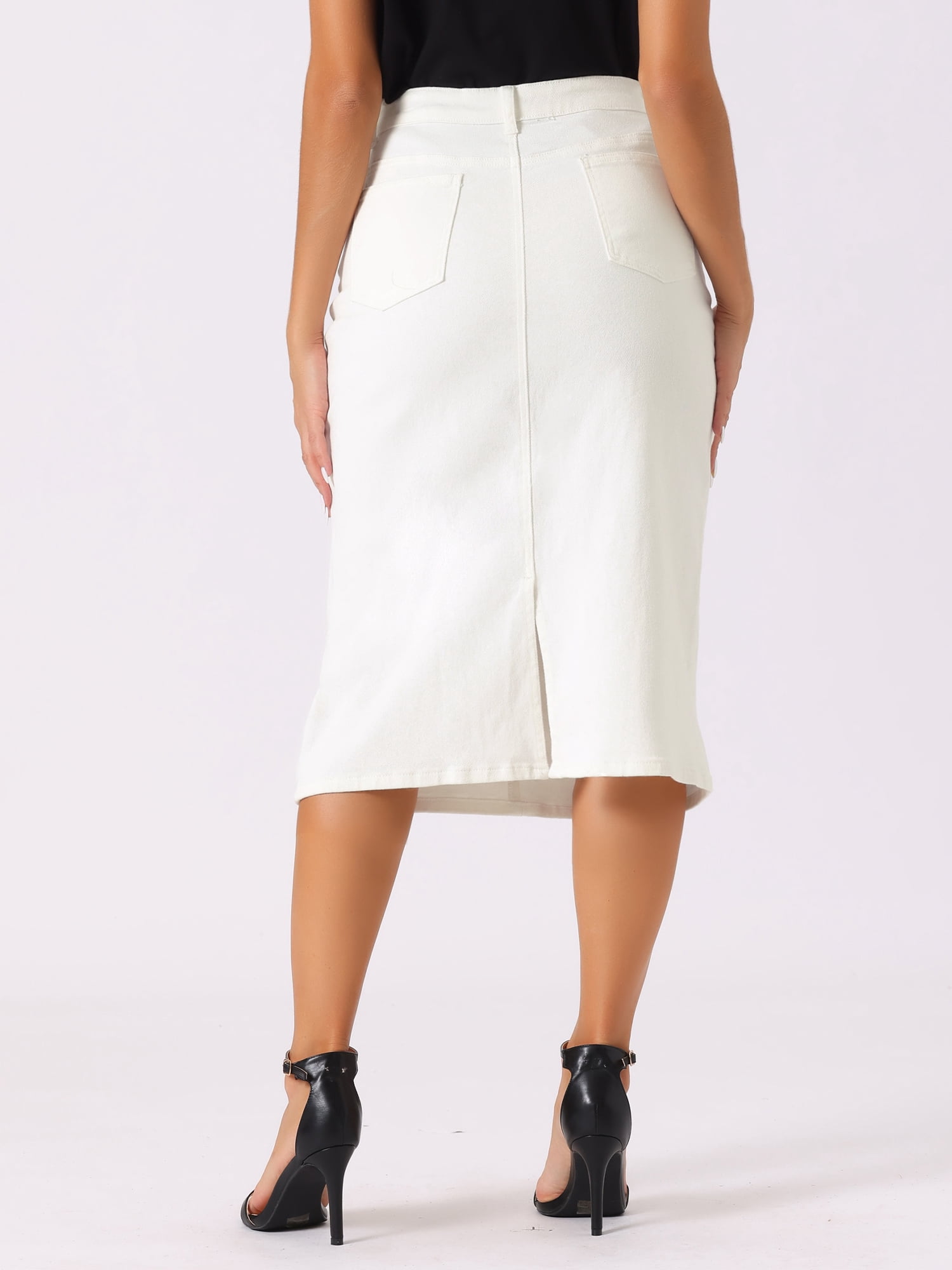 DARING DIVA Women's Zipped and Button Denim Split Back Pockets Midi Jean Skirts S Cream White