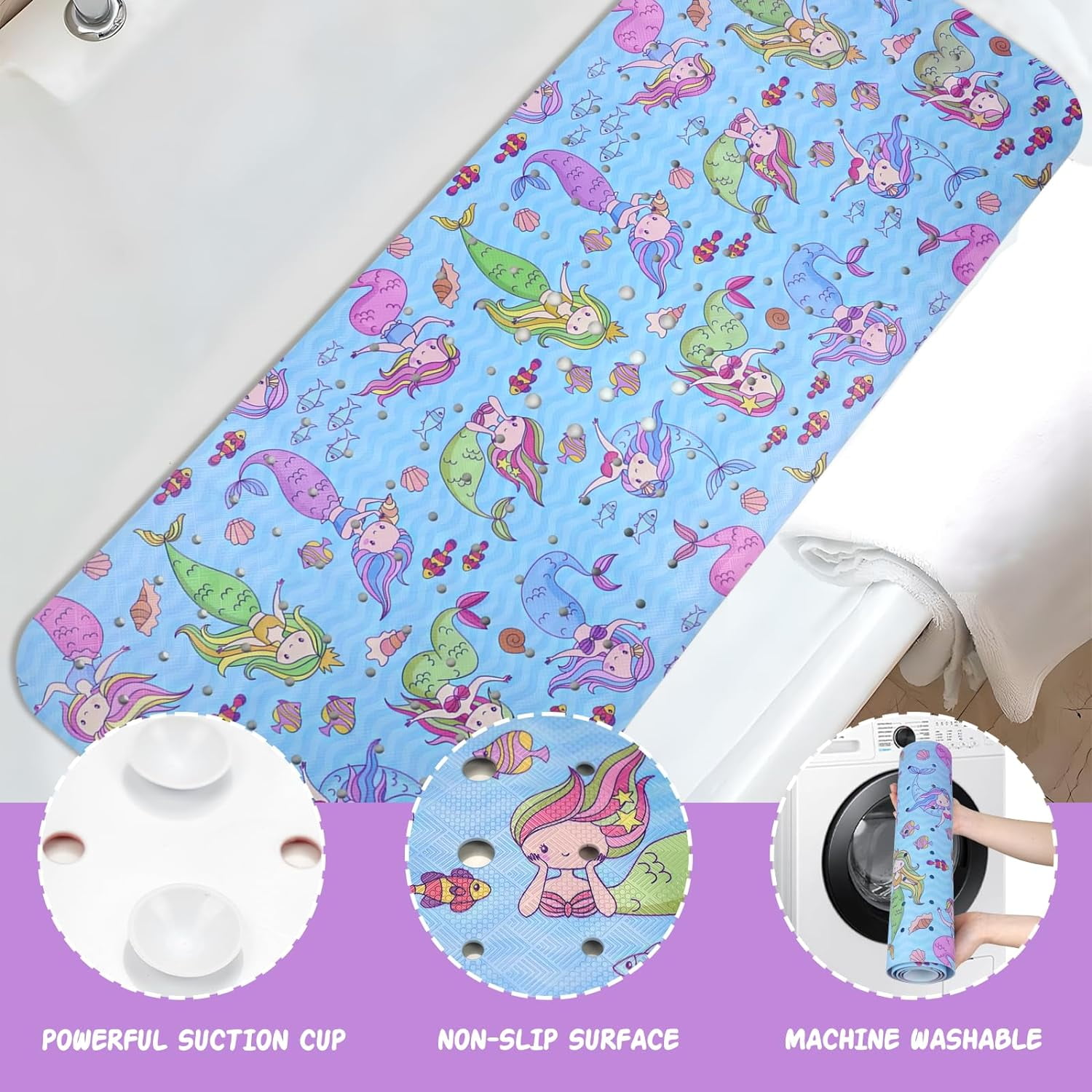 Mermaid Bathtub Mat Non Slip Shower Mat Extra Long Anti Slip Bath Mats for Tub with Suction Cups and Drain Holes