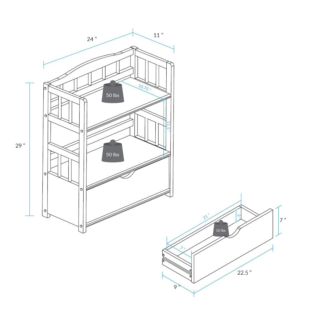 Casual Home Solid Wood 2-Tier Small Bookshelf with Drawer