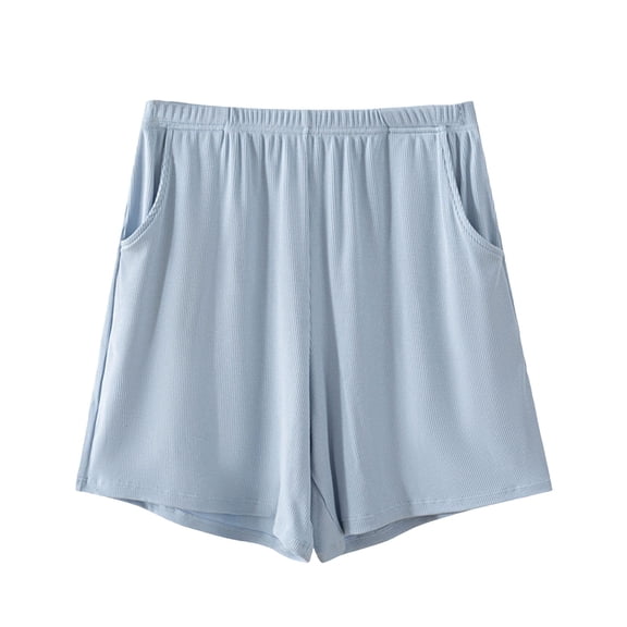 Cotton Lounge Shorts for Women Summer Casual Ribbed Knit Soft Pajama Bottoms Elastic Waisted Homewear (XL, Blue)
