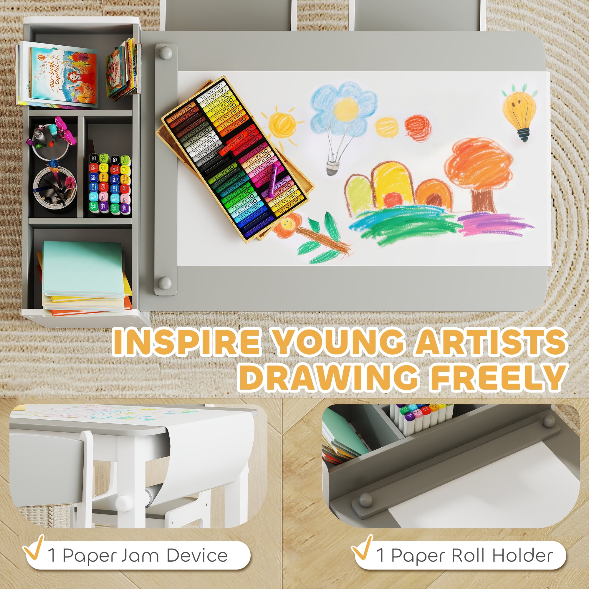 Qaba Kids Desk and Chair Set, Kids Art Table and Chairs Set with Paper Roll, Storage Shelves and Drawers, for Writing Drawing Aged 3-8, Gray