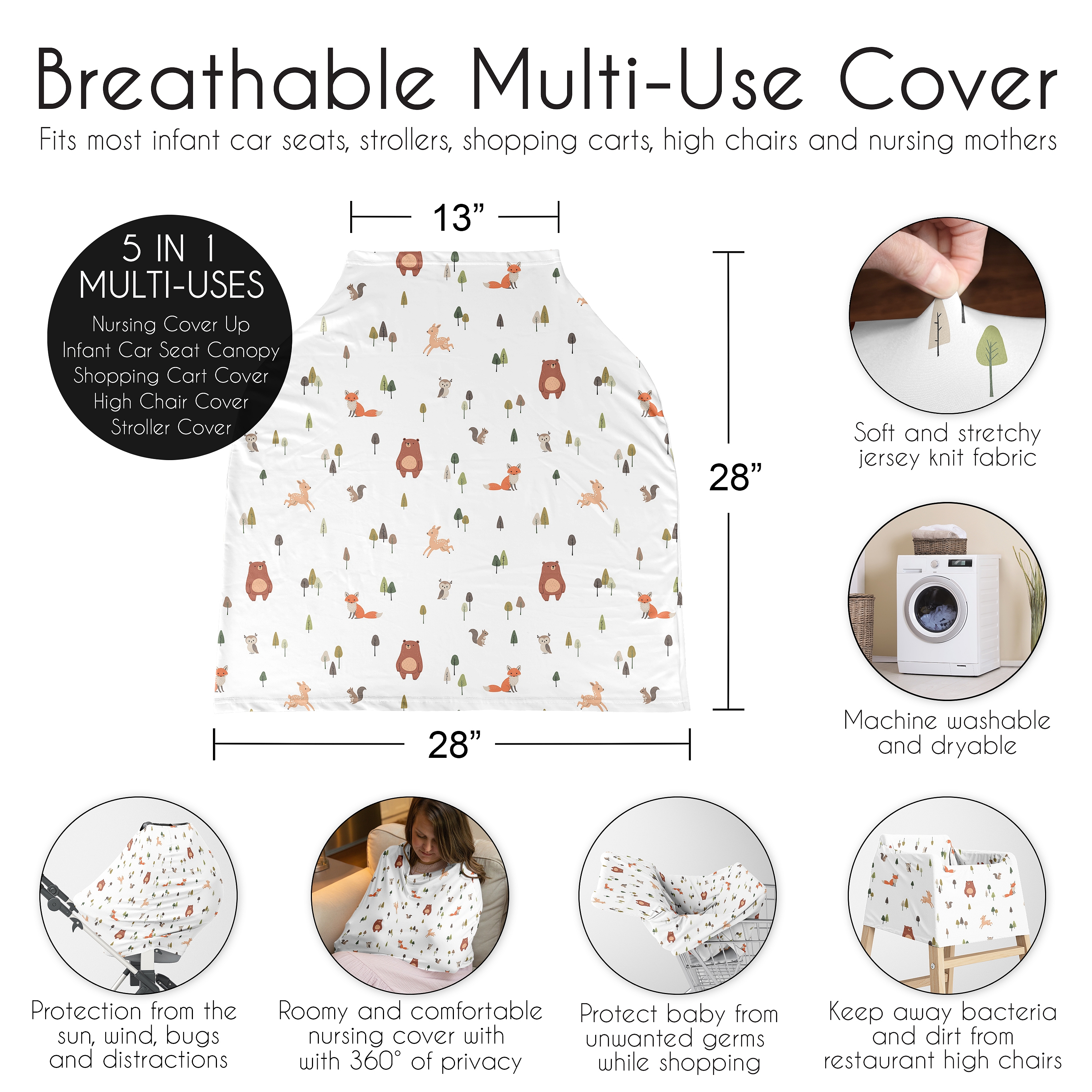 Sweet Jojo Designs Woodland Animal Pals Boy, Girl, Unisex/Gender Neutral Multi Use Baby Car Seat and Nursing Cover