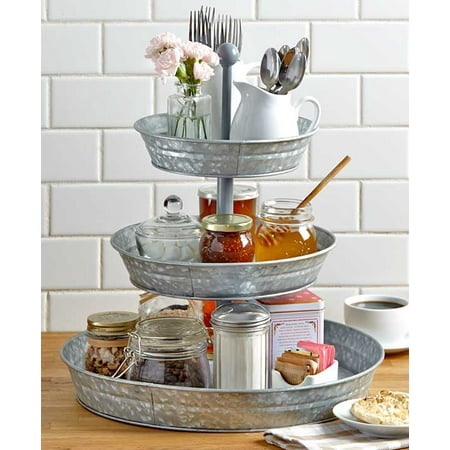 3-Tier Rustic Serving Tray - Galvanized Metal Kitchen Stand with Farmhouse