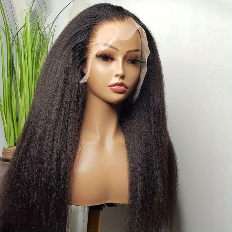 Glueless 30 Inch Kinky Straight Natural Black Yaki Synthetic Hair 180%Density|Lace Front Wig | Preplucked Baby Hair & Heat Resistant | Daily Wig for Women)