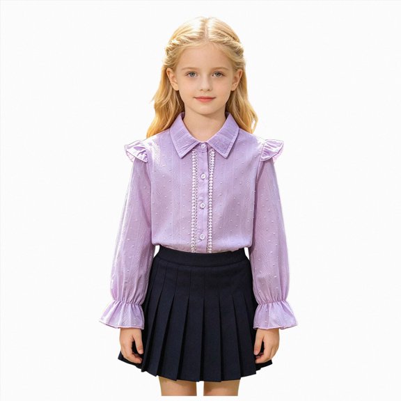 CAUYDY Western Girls Button Down Shirt Ruffle Long Sleeve Blouse Pretty Top for Kids Back to School Wear Purple Sizes 9-10 Years