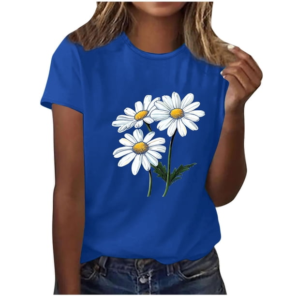 Camisas de Manga Corta para las Mujeres Moda Casual Impresión Cuello Redondo Suéter Tee Blusas