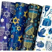 Hanukkah Wrapping Paper Sheet - 12 Sheets the Star of David and Candles Design Folded Flat with 12 Gift Tags for Holiday, Party Celebration - 19.7 Inch X 27.5 Inch Per Sheet