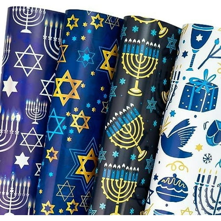 Hanukkah Wrapping Paper Sheet - 12 Sheets the Star of David and Candles Design Folded Flat with 12 Gift Tags for Holiday, Party Celebration - 19.7 Inch X 27.5 Inch Per Sheet