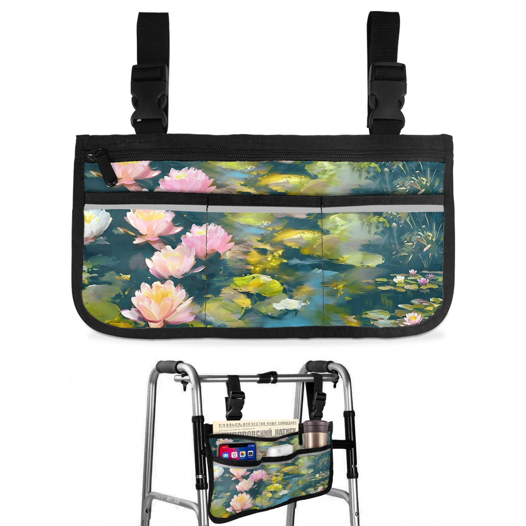 Pink Water Lily Wheelchair Side Bag with Cup Holder, Rustic Impressionist Floating Lily Pads Floral Pond Wheelchair Armrest Bag Storage Pouch Adults, Seniors for Walkers, Rollator, Scooter