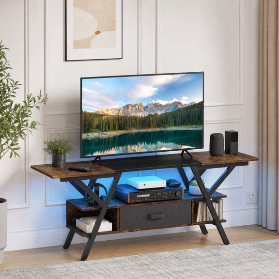 Modern TV Stand for 65 Inch TVs with Power Outlets, LED Entertainment Center Media Console for Living Room, Bedroom,Rustic Brown