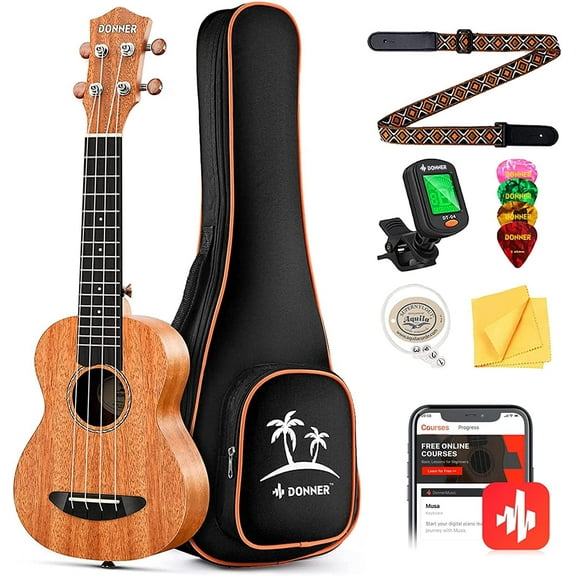Donner DUT-1 Tenor Ukulele Mahogany Professional 26" Starter Bundle Kit with Free Online Lesson Gig Bag, Strap, Nylon, String, Tuner, Picks, Cloth