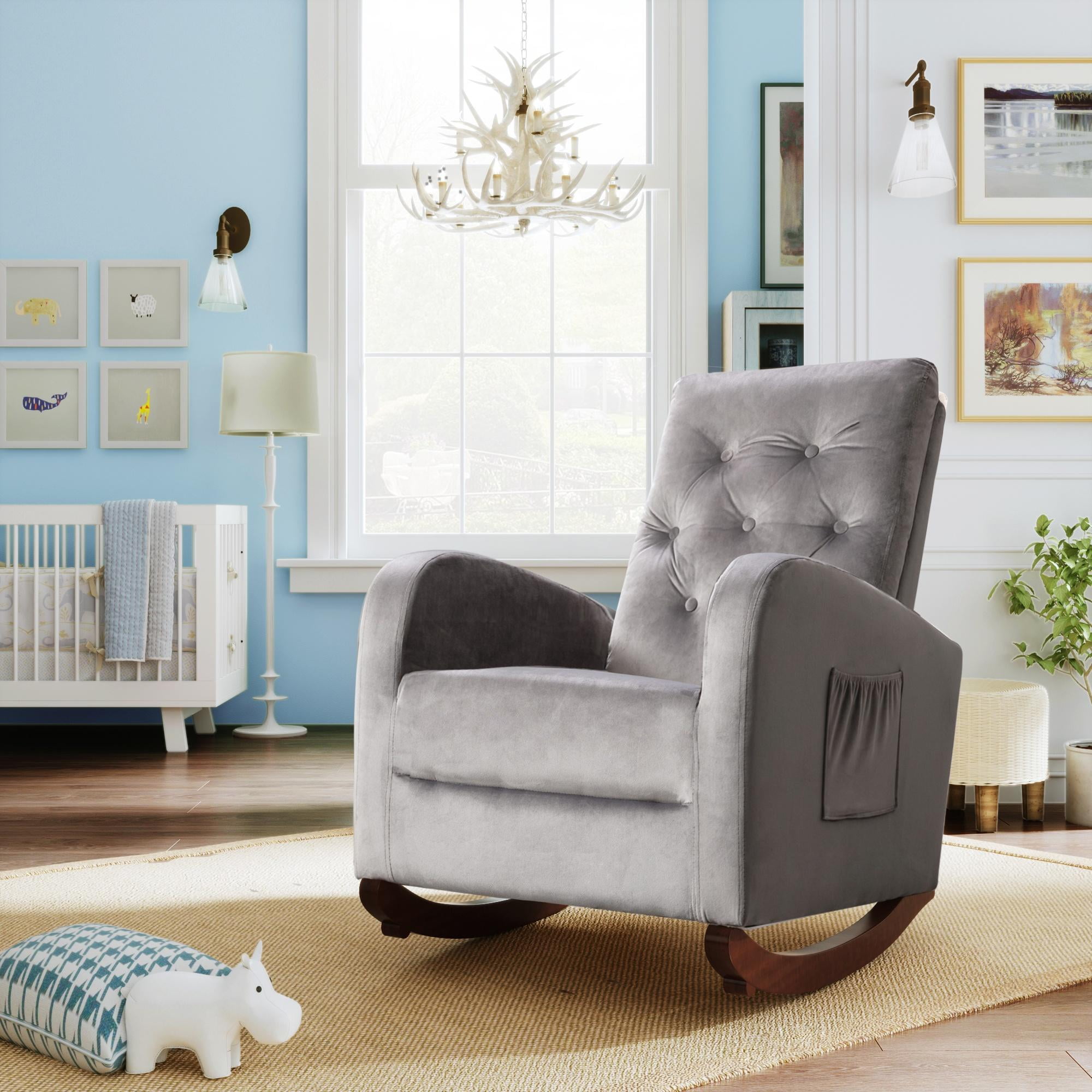 Glavbiku Modern Baby Room High Back Rocking Nursery Chair,Comfortable Rocker Armchair,Gray