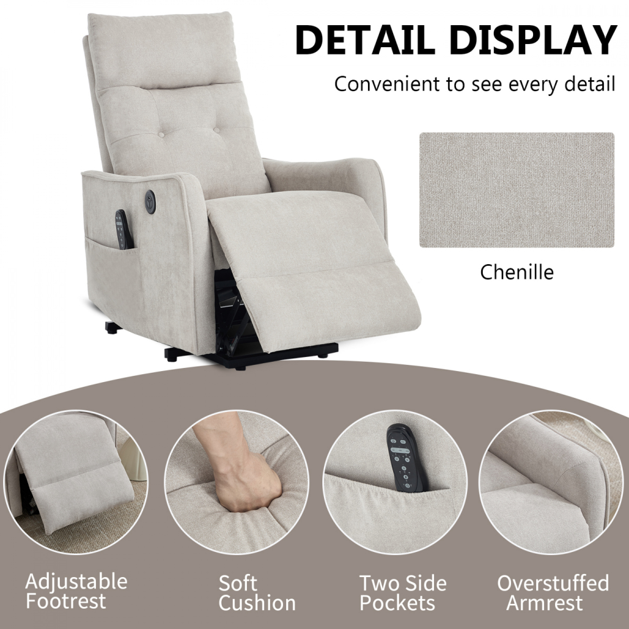 Beige  Chenille Single Motor Power Lift Recliner Chair with Massage and Heat for Elderly, Heavy Duty Motion Mechanism and One USB for Charging, Max Reclining Angle 155°