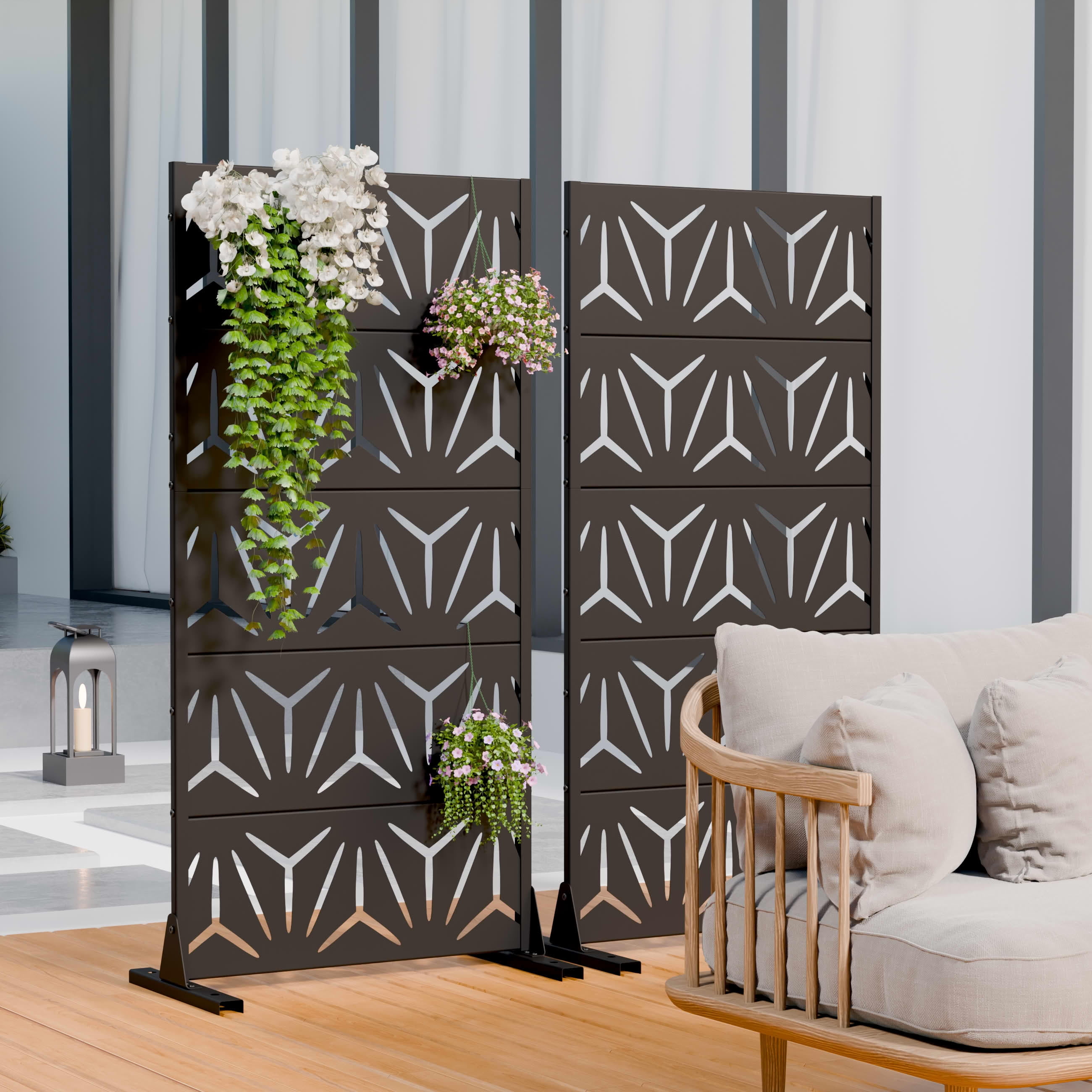 MAYEERTY 2-Piece Outdoor Metal Privacy Screen 5ft Black, 5-Panel Geometric Y-Pattern Decorative Screen for Patio