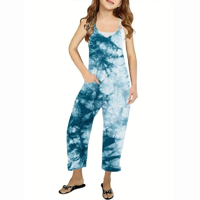 RXIRUCGD Girls Casual Jumpsuits Sleeveless Summer Rompers Long Pants With Pockets For 5-14 Years( Multicolor, Size:5-6 Years )