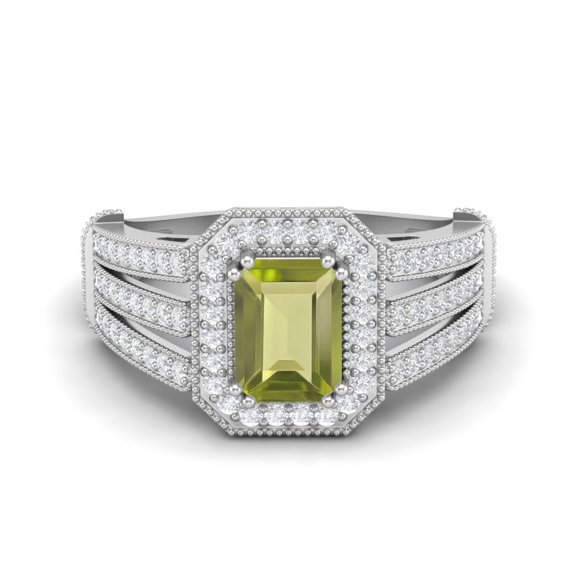 Mooneye 1.86 Ctw Emerald Cut Peridot 925 Sterling Silver Split Shank Halo Women Wedding Ring