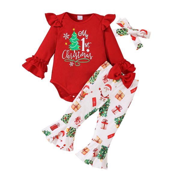 WIBACKER Merry First Christmas Baby Girl Outfit Newborn Fall Onesie Bell Bottoms Bow 3pcs Set Romper Pants Clothes 0-3 Months