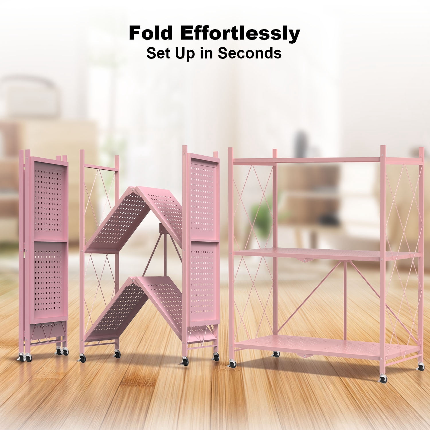 3 Tier Foldable Shelf with Wheels, Portable Carbon Steel No Assembly Organizer, Collapsible Rolling Standing Utility Storage Rack for Kitchen Pantry Office, Pink